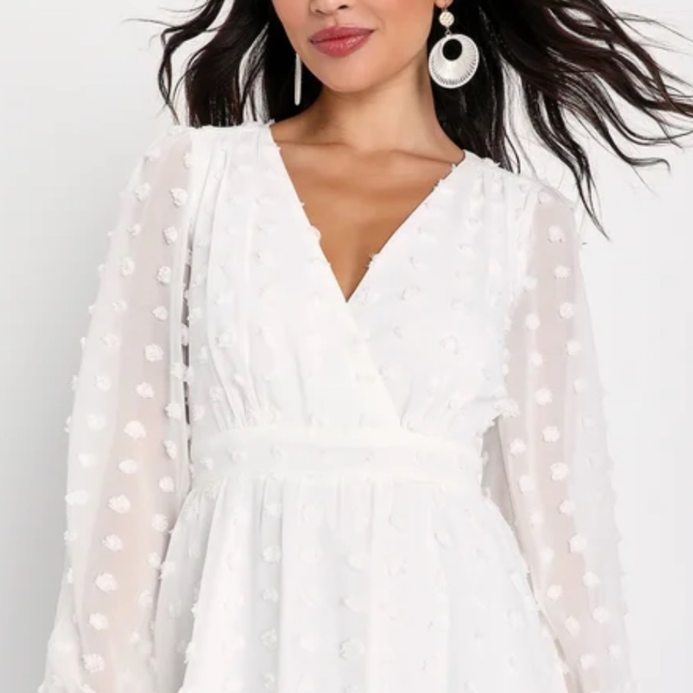 Lulu’s white dress with textured polka dot sheer overlay